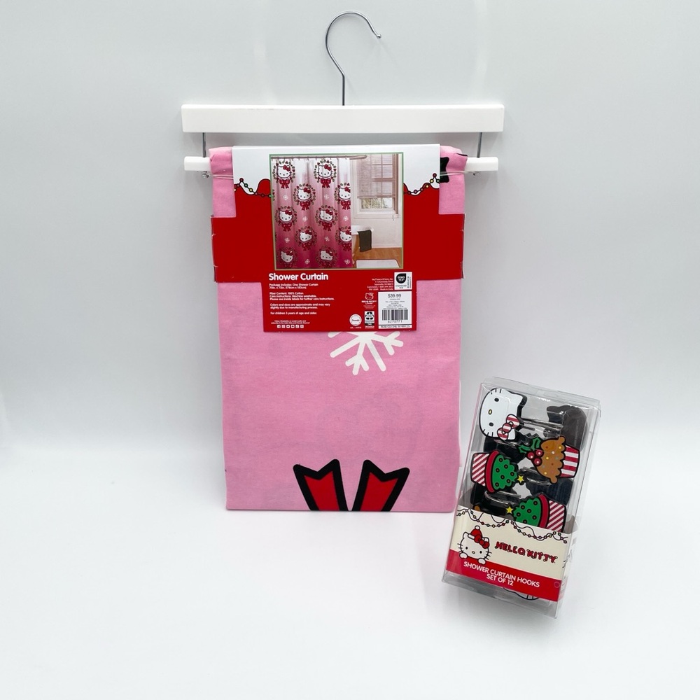 Hello Kitty Christmas Holiday Pink Shower Curtain and Shower Curtain Hooks - Picture 2 of 7